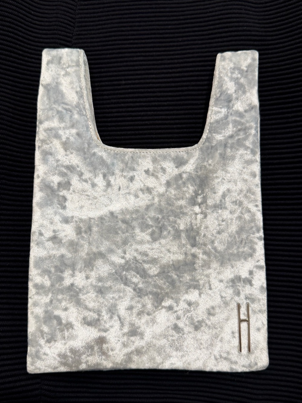 Hayward Mini Shopper Silver Crushed Velvet Tote with H Logo. Suede lined.